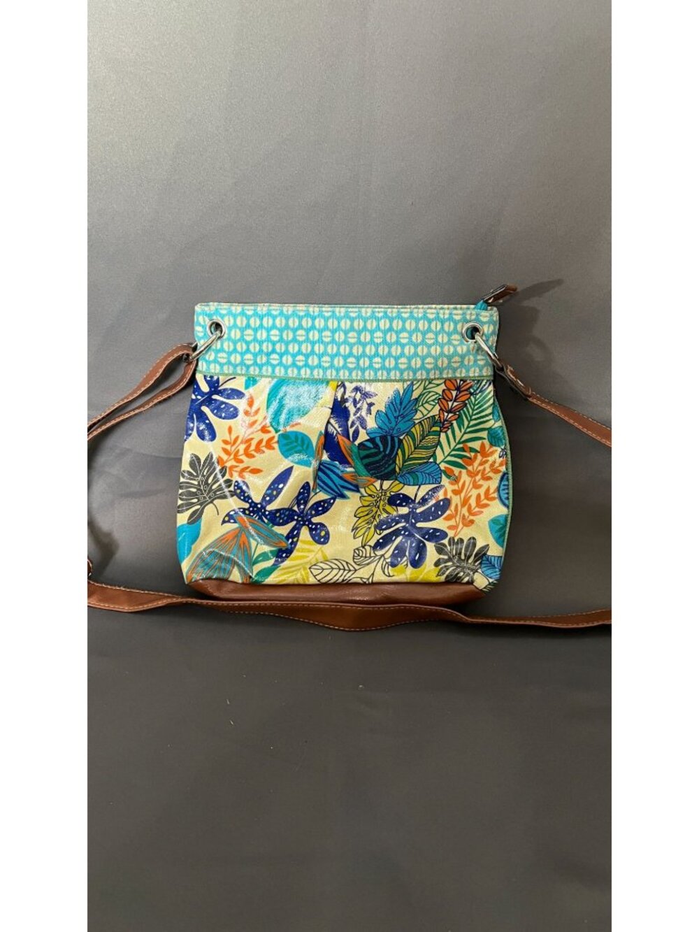 Merona Floral Crossbody Bag With Faux Leather Strap Vibrant Tropical Design And